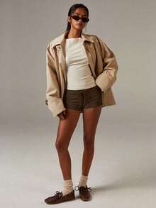 Athîral 女士休闲纯灰色针织短裤 - 咖啡棕 - 查看 5