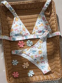 Swim Mod 2件套女士夏季沙滩度假泳衣，可爱随机印花三角杯可调节肩带露背比基尼套装 - 彩色 - 查看 3