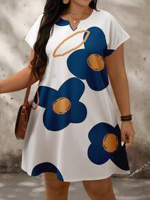 SHEIN LUNE Casual Minimalist Color Block Pattern Loose Short Sleeve Plus Size Dress, Suitable For Summer - Multicolor - View 5