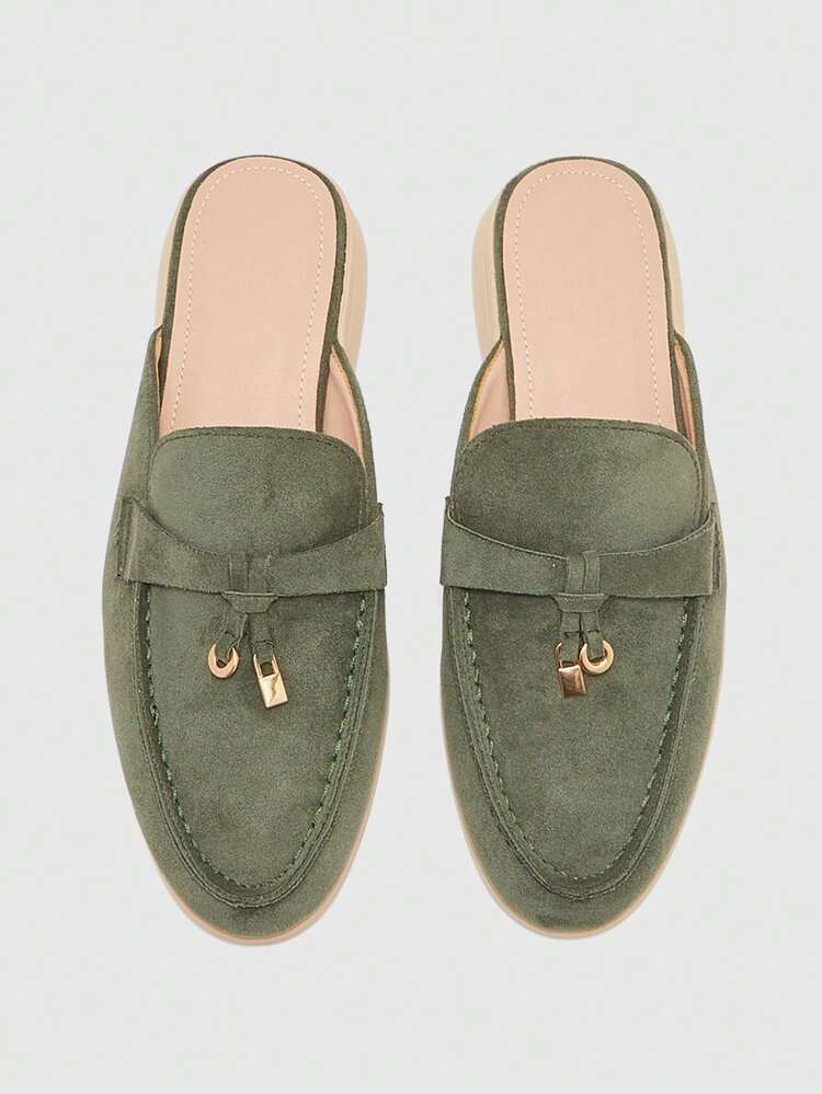 CUCCOO BIZCHIC Women Shoes Fashion Army Green Suede Comfortable Commuting Women Flat Mule Shoes Women Flat Shoes Slippers Suitable For Outdoor Shopping To Work Daily Versatile Women's Shoes