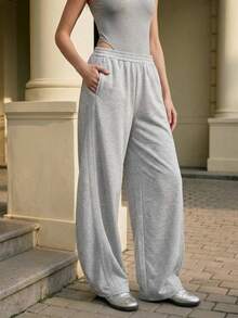 Anewsta 新款灰色女士弹力腰阔腿裤，春季休闲宽松直筒裤，简约显瘦时尚百搭阔腿裤 - 淺灰色 - 查看 4