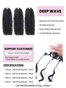 Boho Braids 1 pieza Extensiones de cabello natural rizado tipo pixie de ganchillo, sin nudos, pre-separadas, plumas de cabello de 18-24 pulgadas, 100G - Natural Black - Ver 5