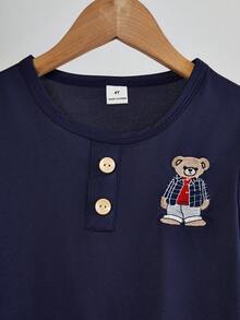 SHEIN Genkimix Kids 两件套男童可爱小熊图案T恤和格子印花长裤休闲睡衣套装 - 藏蓝色 - 查看 5