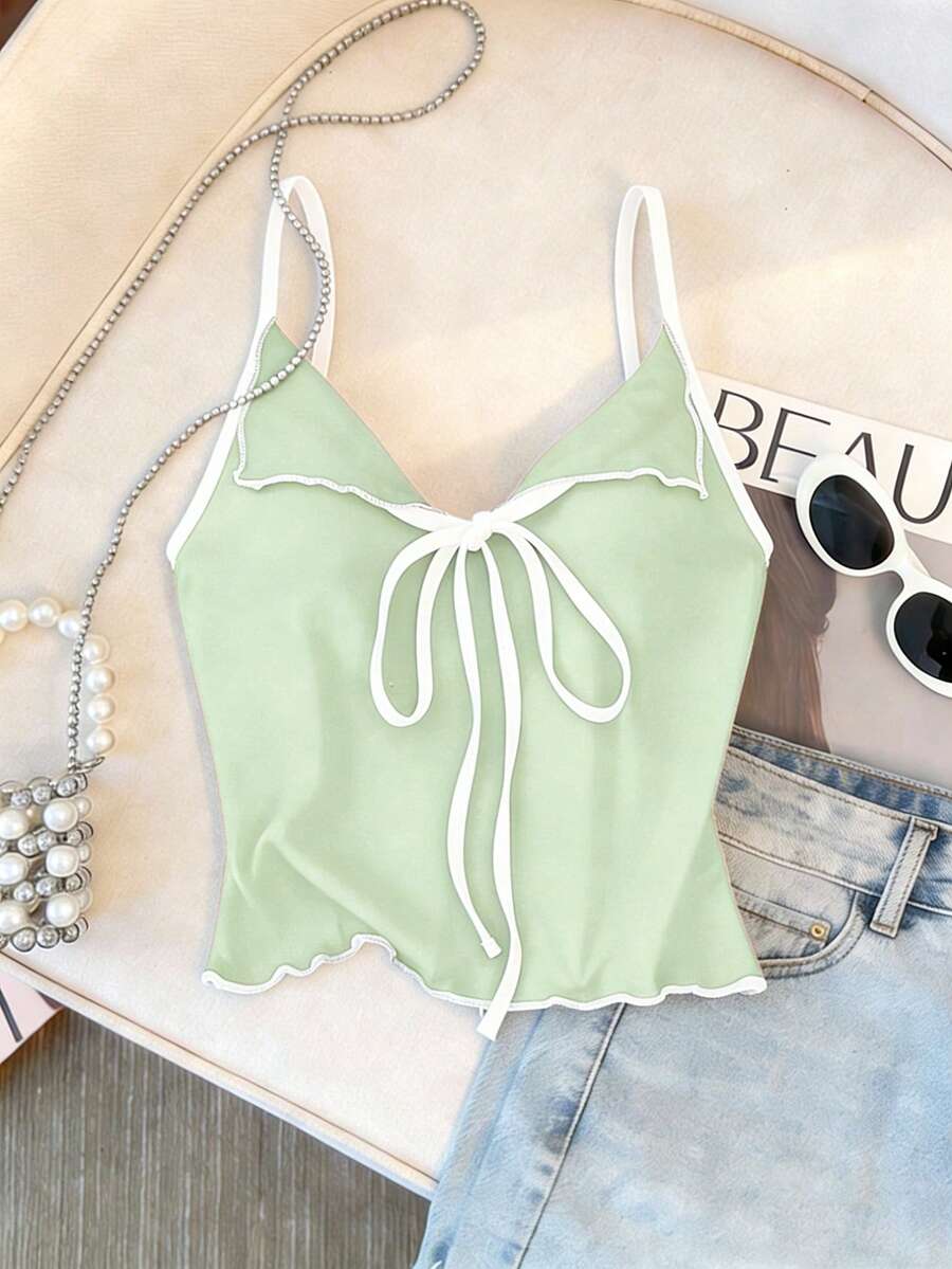 SHEIN LUNE 女士蝴蝶结荷叶边吊带背心,优雅修身 - 綠色 - 查看 1