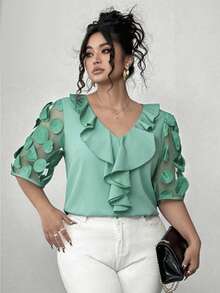 Elenzga Plus Size Women's Mesh Patchwork Puff Sleeve Solid Color V-Neck Ruffle Hem Blouse, Summer - Mint Green - View 4