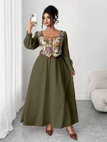 Elenzga Plus Size Women's Vintage French Style Color Block Long Sleeve 2 In 1 Dress, Suitable For Graduation, Holidays, Valentine's Day, Christmas, Music Festivals, Mother's Day, Halloween, Thanksgiving, Easter, National Day, Dances, Dates, Parties, Weddings, Outings - Army Green - View 8