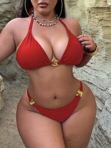 Swim SXY Bộ đồ bơi tankini cổ yếm màu trơn lấp lánh trang trí xoắn ốc dành cho nữ cỡ lớn - Đỏ - Xem 3