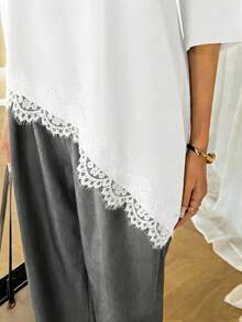SHEIN LUNE Áo thun nữ màu trơn, vạt áo bất đối xứng, phối ren, kiểu dáng thường ngày, đa năng, thích hợp mặc trong kỳ nghỉ xuân/hè, phù hợp cho kỳ nghỉ, mùa hè, mùa xuân, nghỉ xuân và nhiều dịp khác, bao gồm váy đi biển, áo sơ mi thường ngày, áo khoác ngoài và áo mùa hè. - trắng - Xem 7
