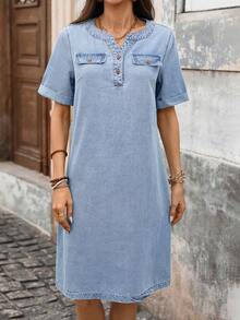Breezaya Women's Summer Casual Vacation & Commute Notch Collar Flap Detail Short Sleeve Loose Denim Dress - Blue - View 1