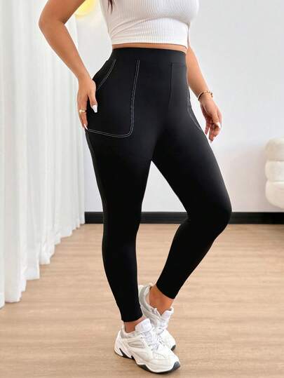 Easura Quần legging bó sát, co giãn cao, kiểu dáng thường ngày, phối màu tương phản, có túi và họa tiết chắp vá, dành cho người có thân hình đầy đặn.