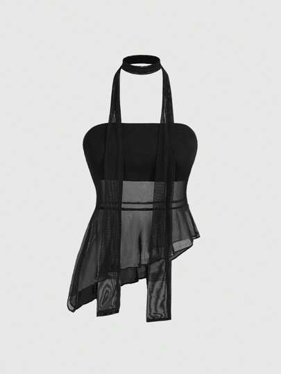 ROMWE Avant Blusa casual transparente de talla grande para mujer con bajo asimétrico y unicolor