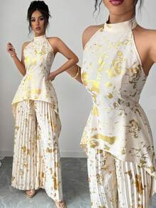 SHEIN Elenzya Spring And Summer New Style: A Non-Repeating, Irregular-Cut Off-Shoulder Top With A Beige Base And Gold Foil Embellishments, Paired With A High-Waisted Pleated Wide-Leg Pants. This Two-Piece Set Has An Extremely Strong Draping Effect. The Ink Wash Print And The Gold Foil Technique Give It A Glossy Finish And An Extremely High-End Look. The Pleated Pants Have A Crisp And Stylish Design, Are Not Prone To Wrinkling, And Have A Good Draping Effect. It Is Suitable For Formal Occasions Such As Dinners - Apricot - View 3