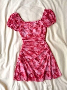 SHEIN 少女碎花荷叶边时尚派对连衣裙，童装 - 紅色 - 查看 2