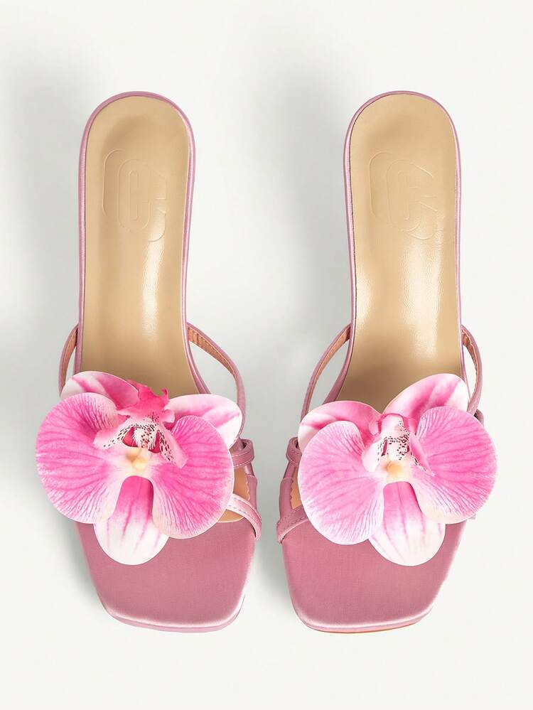 CUCCOO CHICEST Pink Satin Flower Decoration High-Heeled Sandals Women's Head Thin Belt Temperament Outer Sandals Summer Shoes