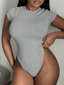 Alexandranx Solid Slim Fit Summer Women Bodysuit ,Petite Women - Light Grey - View 4