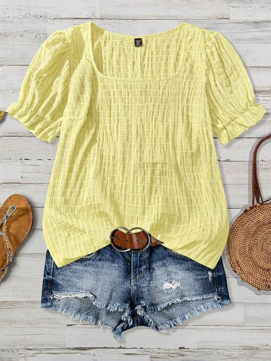 SHEIN VCAY Plus Size Summer Casual Solid Color Puff Sleeve Shirt - Light Yellow - View 1