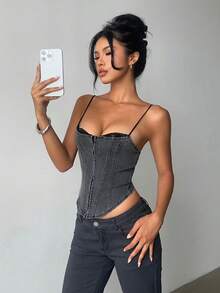 Aloruh Áo hai dây denim bó sát viền ren gợi cảm Y2K dành cho nữ, áo nịt ngực Rave, lễ hội Rave, lễ tốt nghiệp, giáo viên dành cho phụ nữ, trở lại trường, đêm đi chơi - Màu xám đen - Xem 3