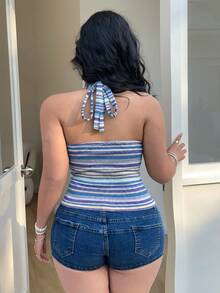 Sunnyshic Elegant Casual Crochet Knit Colorful Rainbow Y2K Plus Size Women Summer Camisole - Blue - View 2
