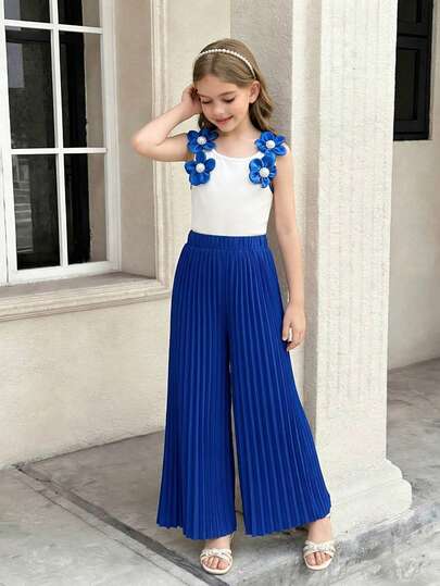 2pcs Set: Sleeveless 3D Floral Top & Pleated Blue Pants, Casual & Versatile For Spring/Summer