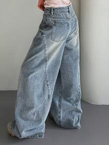 DAZY 女士宽松开衩弧形牛仔牛仔裤，休闲街头风，春夏款 - 藍色 - 查看 2