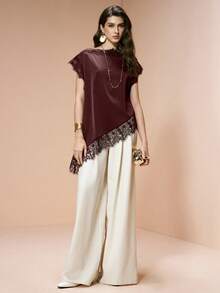 Arave 2026 Women Summer Burgundy Satin Lace Elegant Long Top,Autumn Asymmetric Hemline Blouse,Modern Urban Casual Business Office Wear, Wedding Guest - Burgundy - View 4