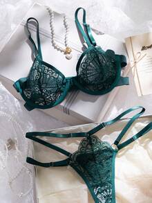 2 piezas Conjunto de sujetador de encaje con aros naranja, fresco y juvenil - Verde Oscuro - Ver 5