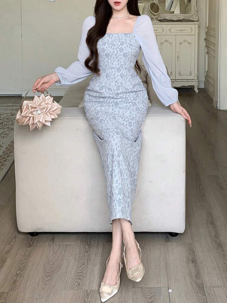 Women's Floral Jacquard Square Neck Lantern Sleeve Fitted Elegant Mid-Length Dress