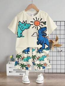 SHEIN Bộ áo thun đơn giản thường ngày cho bé trai, in hình khủng long dũng cảm dễ thương cổ điển, thích hợp cho mùa xuân và mùa hè. - Nhiều màu - Xem 2