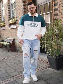 LEOGASHI LEOGASHI Men's Pullover Quarter Zip Sweatshirt With Letter Print Patchwork, Fashion Long Sleeve Loose Fit Lightweight Sweatshirt, Spring/Autumn - Army Green - View 6