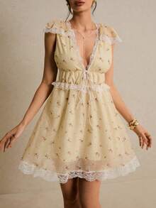 Poéselle 女士优雅迷你花卉蕾丝边短连衣裙，黄色连衣裙，沙滩裙，女士度假装，女士沙滩装，完美适合度假、旅行、周末和海滩穿着，春夏女士连衣裙，Florurora春夏优雅连衣裙，女士茶会连衣裙，野花连衣裙，印花连衣裙 - 淡黃色 - 查看 5