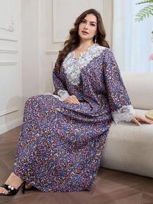 Al Najma Vestido maxi holgado de manga larga con cuello en V, con volantes y estampado floral en toda la prenda, para mujeres de talla grande, para primavera/otoño - Multicolor - Ver 7