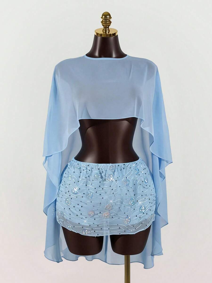 SaltGleam SaltGleam Women's Sexy Vacation Chiffon Top And Beaded Mini Slit Skirt 2 Pieces Set - Blue - View 1