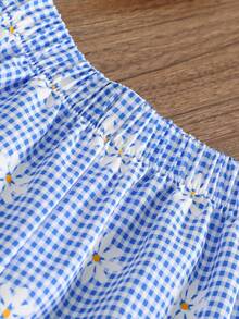 SHEIN 2pcs/Set Toddler Girls' Casual Ribbed Contrast Color Top,Digital Floral Print Plaid Pants,Summer Family Matching Kids Outfits Young Girls Clothing Set - White - View 3