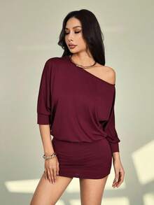 SHEIN PETITE Women's Sexy Solid Color Asymmetric Neck Backless Mini Dress - Burgundy - View 5