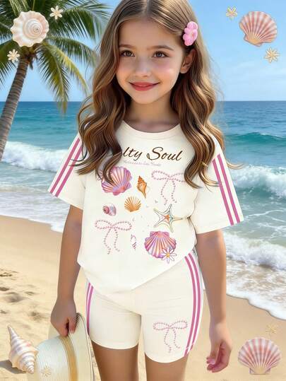 SHEIN 2 piezas/Set Conjunto de verano para niñas, con estampado de vida marina, conchas y lazos, camiseta de manga corta de cuello redondo holgada y shorts ajustados tipo bicicleta, adecuado para primavera/verano, estilo casual, apropiado para la playa, actividades de fin de semana, conjunto de verano adorable para niñas pequeñas, estilo coreano, chaqueta de verano, ropa de verano para niñas, conjunto de conchas para niñas, conjunto de playa para niñas