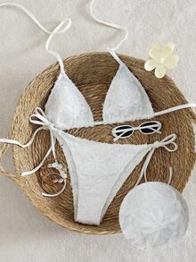 Swim Vcay Women's Solid Color Textured Fabric Halter Triangle Bikini Set, Summer - White - View 1
