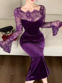 DAZY Autumn Lace Patchwork Square Neck Long Sleeve Cinched Waist Velvet Elegant Elegant Women's Mid-Length Dress - Purple - View 7
