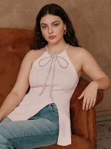 Anewsta Summer Elegant Rhinestone Bowknot Decor Sleeveless Midi Slit Knit Tank Top, Pink, Off The Shoulder, Suitable For Party, Plus Size - Pink - View 3