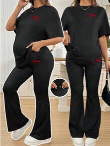 SHEIN Bow Print T-Shirt Paired With Adjustable Waist Slim Flare Pants, Solid Color Maternity 2 Pieces Set - Black - View 2