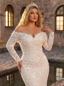 Glamrae Đầm maxi dáng đuôi cá sang trọng, thanh lịch, cỡ lớn, đính ngọc trai, tay áo ren xuyên thấu, có đuôi dài, thích hợp cho đám cưới, tiệc tùng, kỳ nghỉ, dạ hội, lễ hội. - trắng - Xem 3