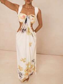 Lumalex 女士碎花褶皱腰身优雅连衣裙，适合约会和派对穿着 - 杏色 - 查看 7