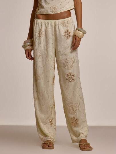 MUSERA Calça Pantalona Fluida com Pernas Largas Bordada e Enfeitada, Coordenado Apenas para Parte de Baixo, Primavera Verão, Ocasiões de Saída à Noite, Feriado, Sexy, Fofo, Bordado