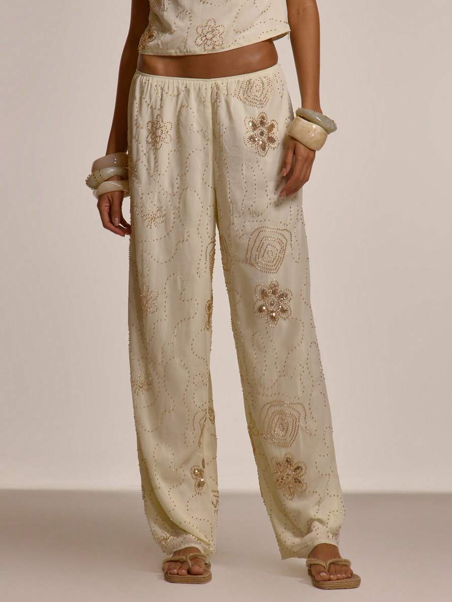 MUSERA Beaded Embellished Wide Leg Flowy Trousers Coord Bottoms Only Spring Summer Going Out Night Out Occasion Holiday Sexy Cute Embellished - Cream - View 1