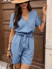 Breezaya Women's V-Neck Short Sleeve Casual Knotted Waist Denim Jumpsuit - Blue - View 4