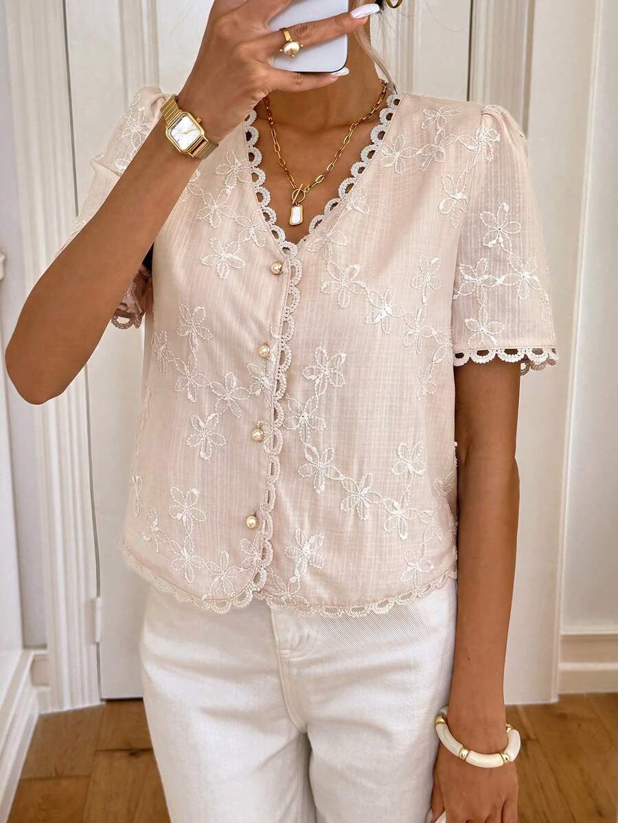Easowa Damen Lässig Bestickte Knopfleisten Kurzarm Bluse, Damen Tops und Blusen, Damen Sommer Outfits, Damen Frühlings Outfit, Perlenbluse, Damen Tops für den Sommer, Französischer Stil Bluse, Spitzen T-Shirt, Spitzenhemden für Damen, Spitzenbluse für Damen - Pink - Übersicht 1