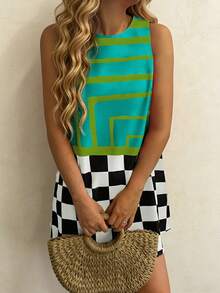 Vaclyn Women's Checkered Patchwork Casual Date Party Mini Dress - Multicolor - View 5