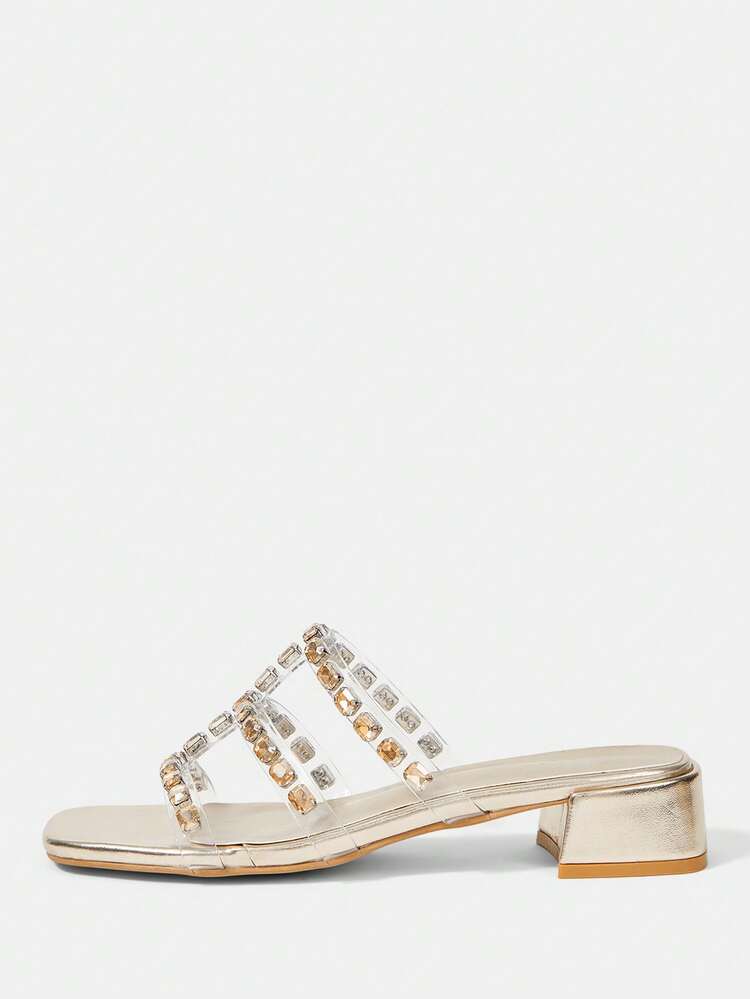 CUCCOO HITCHD Women Shoes Summer New Golden Rhinestone Decorative Transparent Film With Open-Toed Square Toe Medium Thick Heel Half Slippers, Fashionable And Elegant, Slip-On Is Not Tired, Versatile Fairy Style, Sexy Temperament, Advanced Sense Of Fashionable Slippers Summer Shoes