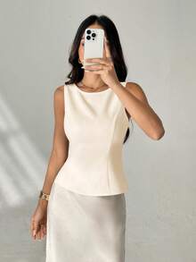 SHEIN PETITE Áo đen thời trang mùa hè dành cho nữ, thiết kế cao cấp - Màu be - Xem 6