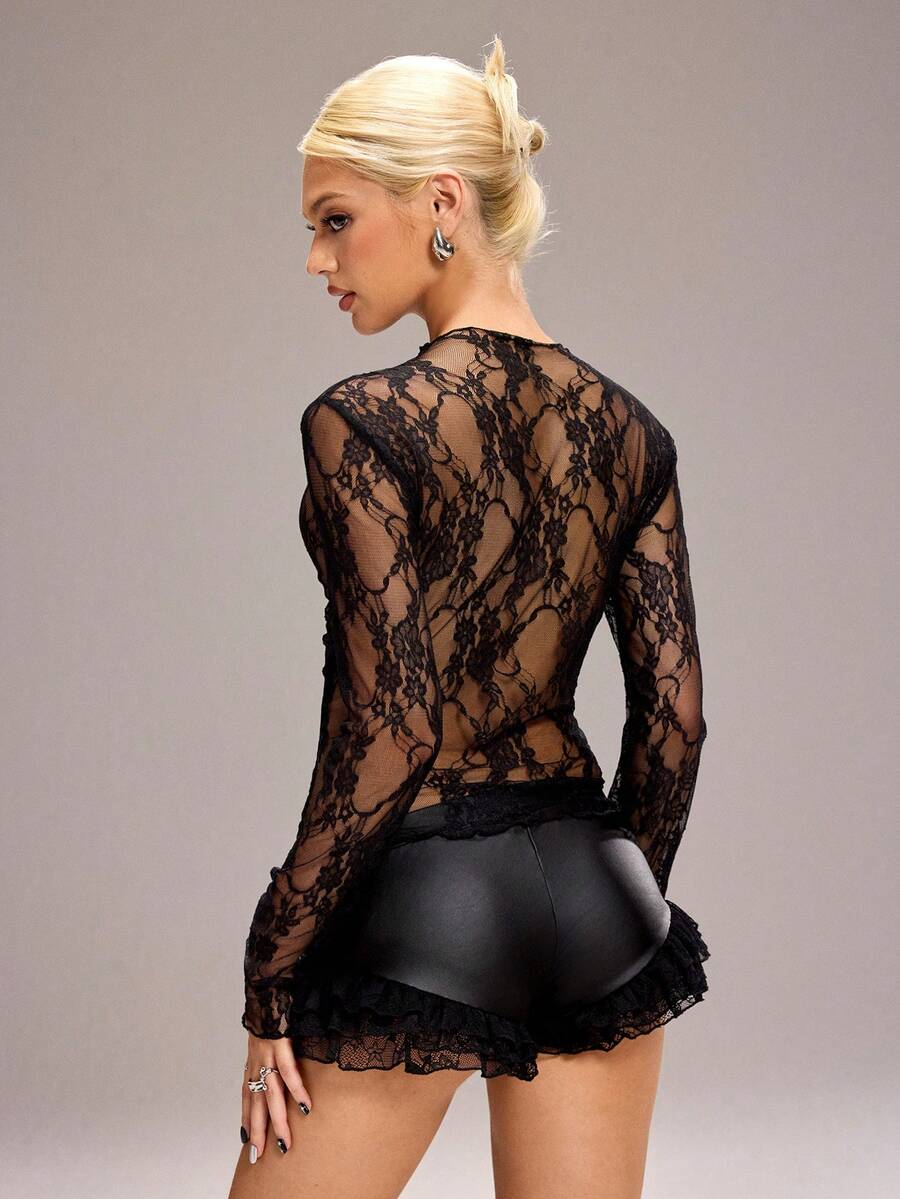Y2Kool BiGraphic Áo crop top ren đen xuyên thấu gợi cảm phong cách Y2K, áo kiểu ôm sát cá tính, phù hợp cho các bữa tiệc mùa xuân/hè, kỳ nghỉ, bãi biển, hộp đêm, lễ hội âm nhạc và mặc hàng ngày. - màu đen - Xem 1