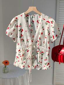 CovetEZ Women's Summer Casual Cherry Print Shirt With Ruffle Hem - White - View 7